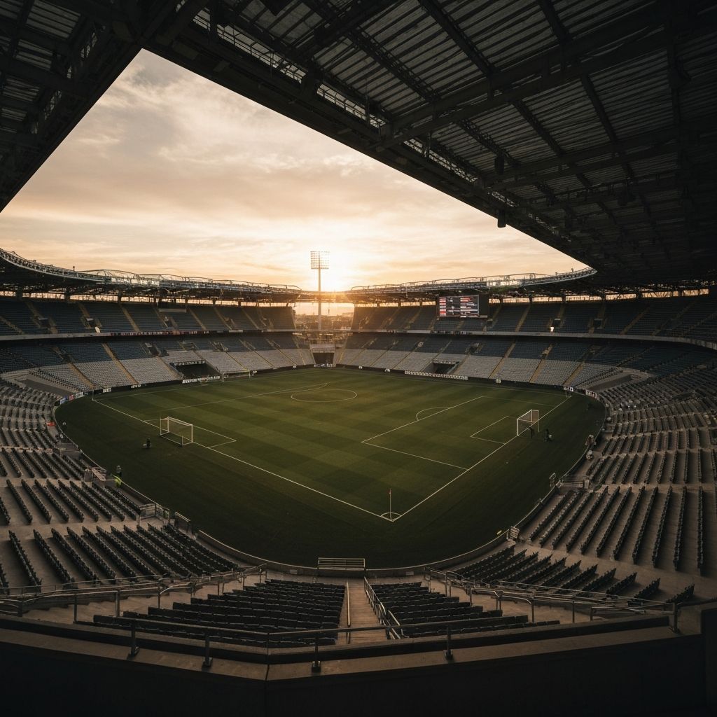 Aerial view of a modern sports stadium at golden hour
